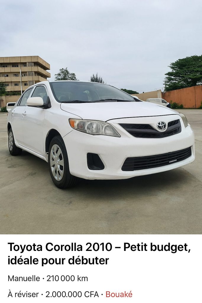Toyota Corolla 2010 – Petit budget, idéale pour débuter